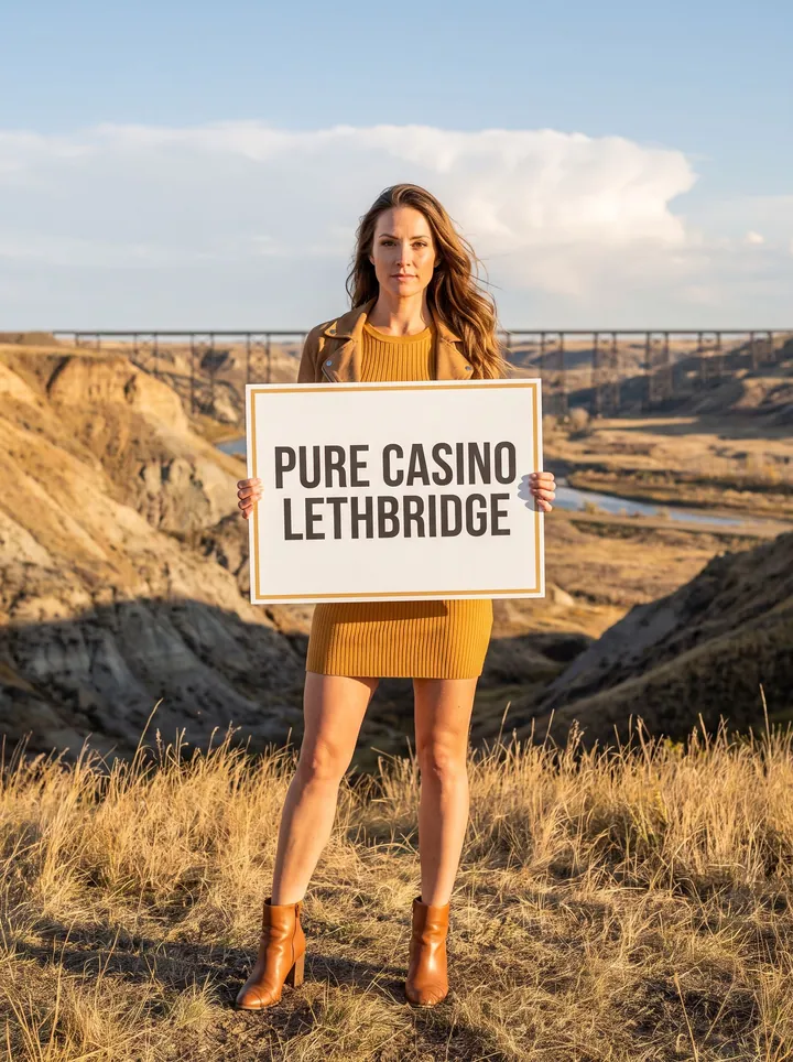 A woman in an ochre dress stands on a coulee rim above the river valley, holding a white board that reads PURE Casino Lethbridge