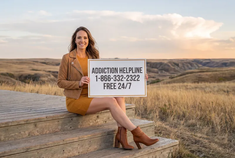 The guide character sits on lookout steps above the prairie at dusk, holding a card that reads Addiction Helpline 1-866-332-2322, free 24/7