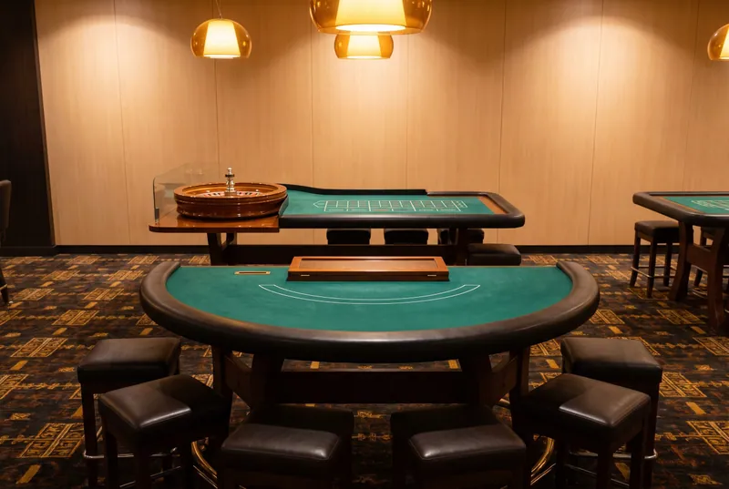 An empty table games area with a blackjack table and a roulette wheel under warm pendant lights, before opening